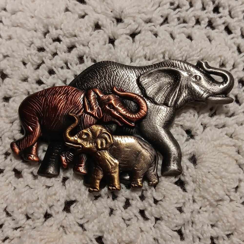 Tri-Color Elephant Family Pin Brooch Trunks Up‎ Silver / Copper / Gold Colors